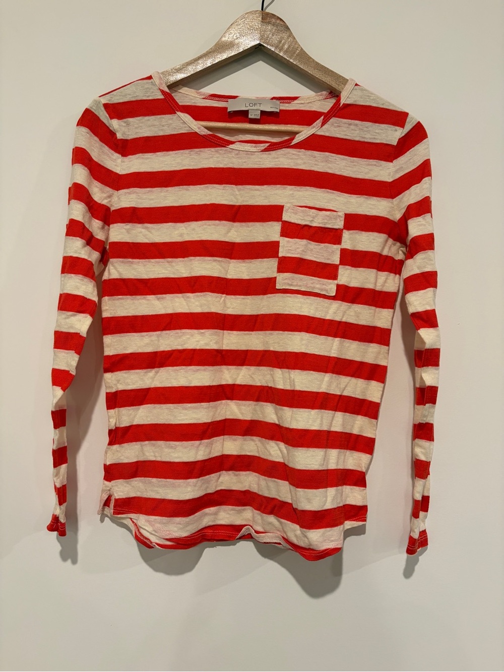 LOFT Size SP Red White Striped Linen Cotton Blend Long Sleeve Pocket Tee Top